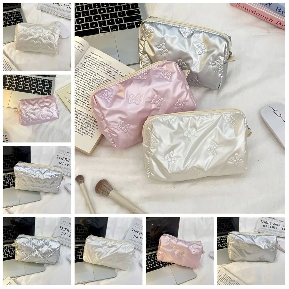 Love Rhombus Shape Silver Cosmetic Bag Bow Korean Style Stuffed Cotton Storage Bag PU Storage Cloth Bag Small Item Bag Travel