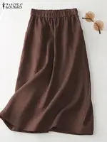 ZANZEA Women Cotton Skirt Holiday Elastic Waist Midi Skirt 2024 Summer Side Pockets Falda Saias Casual Korean Solid A Line Jupe 2