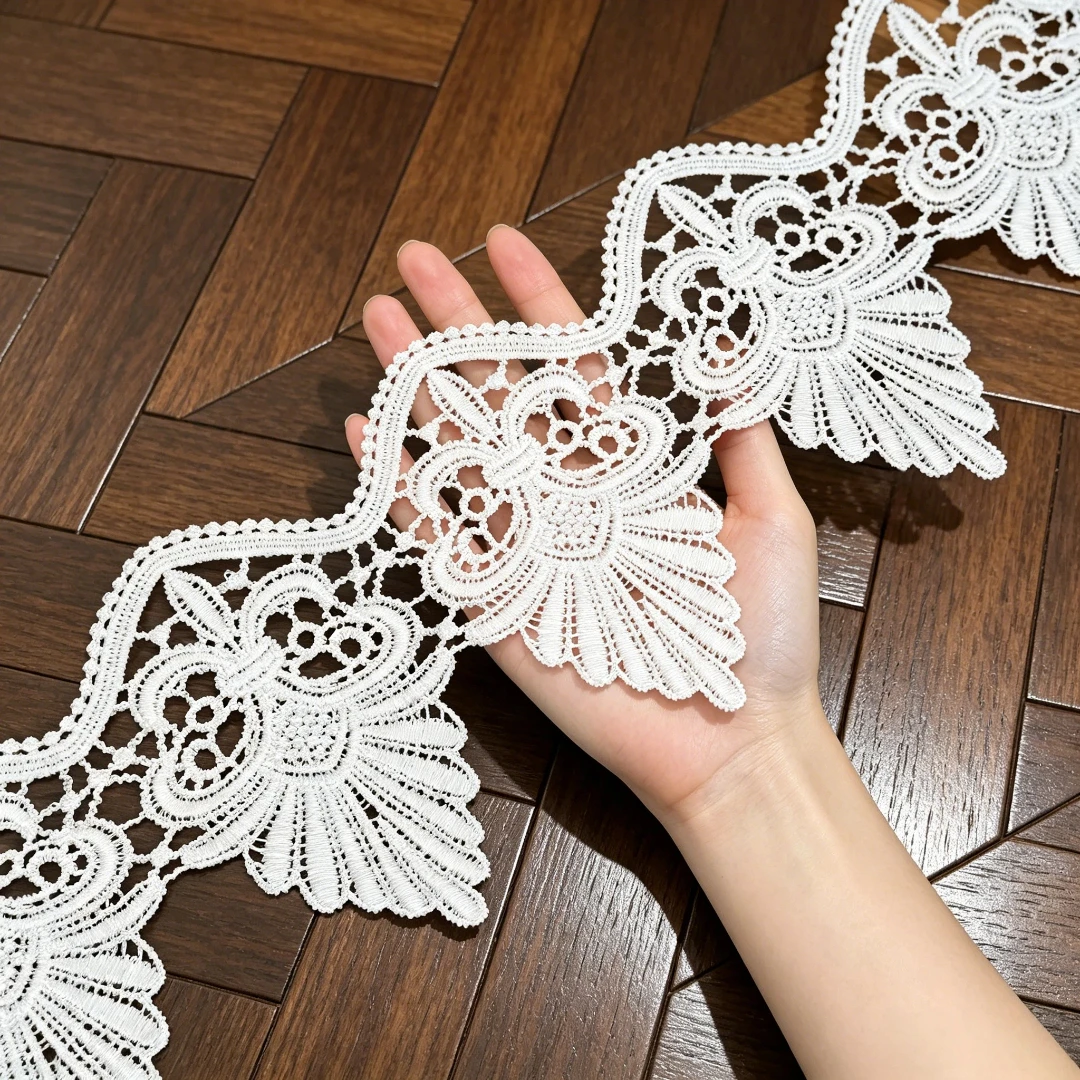 Floral scalloped hollow lace trim, 4.3 inches wide, embroidered edging for wedding dress & DIY sewing