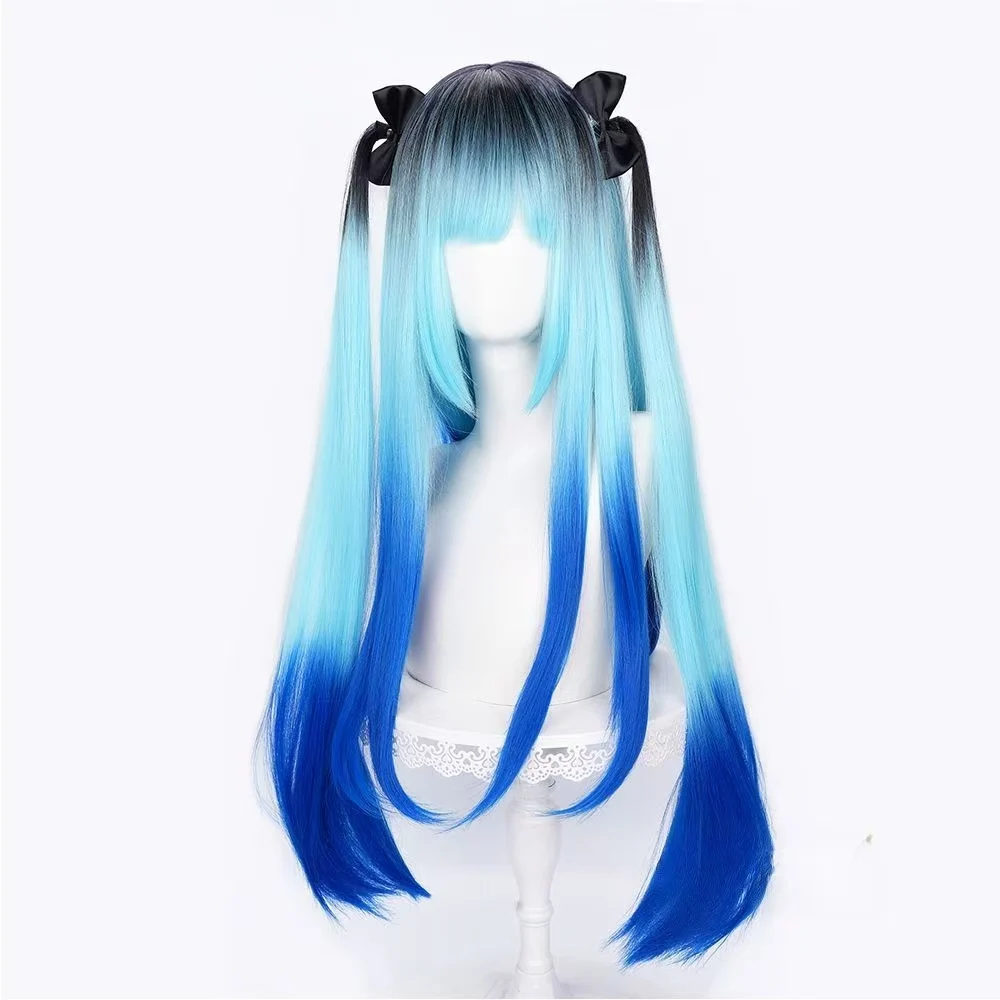 Atsumi Atsumi Cosplay Wig Black‑Blue Gradient Long Double Ponytail Synthetic Wig With Bow For Halloween Party Comic Con