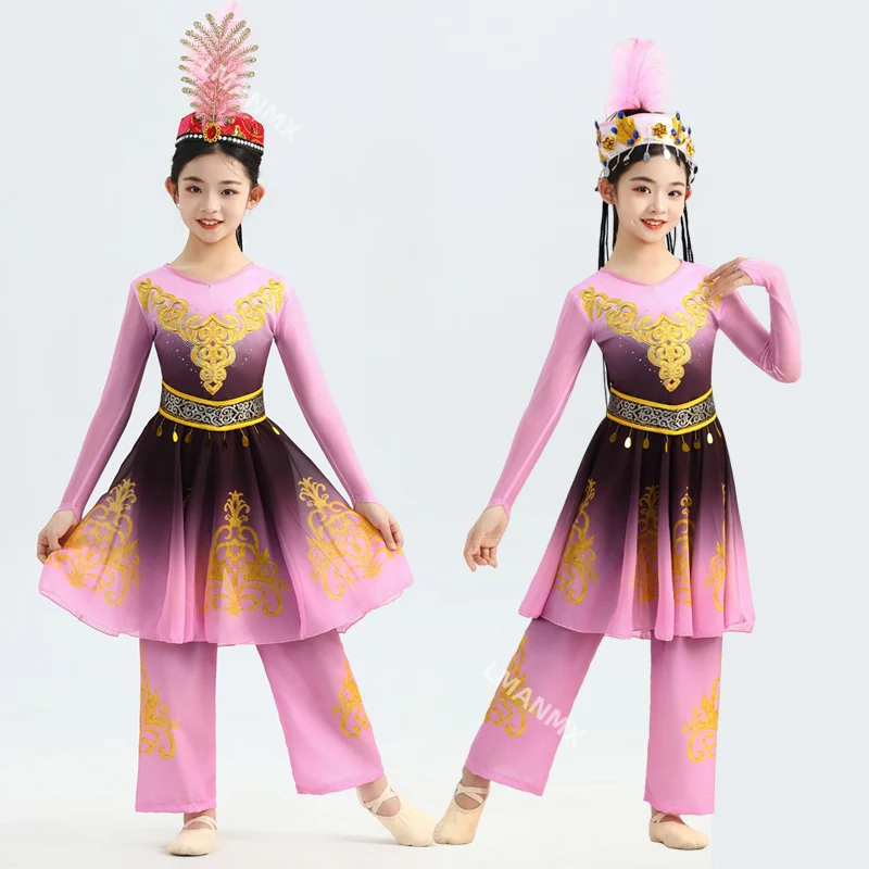 Strój do tańca dla dzieci z Xinjiang w kolorze granatowym, duża rozkloszowana spódnica, strój do tańca Guli Blooming