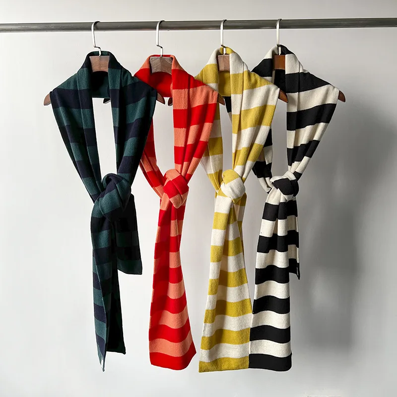 Horizontal striped contrasting wool knitted long scarf, double-layer knitted for more comfortable, elastic and fresh scarf