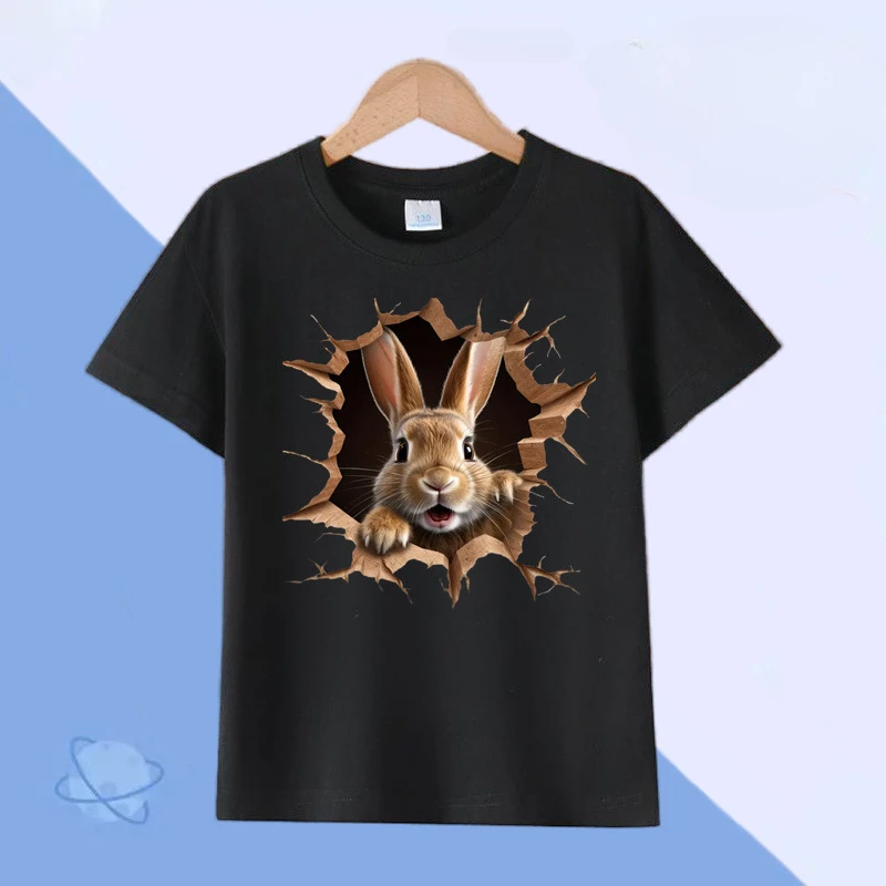 T-shirt de coelho fofo tridimensional masculina e feminina, manga curta, moda família animal fofa