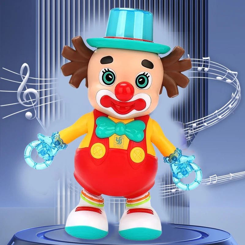 Elektryczny klaun-muzyczny z kolorowymi światłami i muzyką, idealny prezent świąteczny dla dzieci.