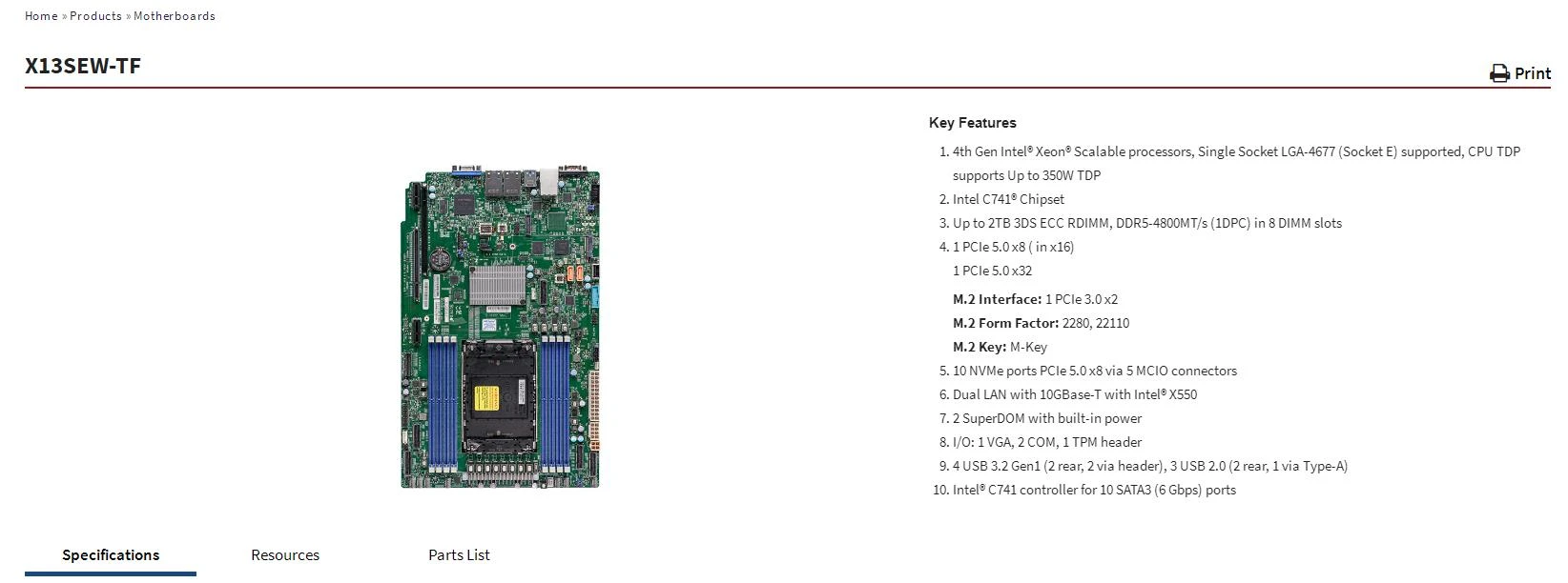 X13SEW-TF for Supermicro Motherboard LGA-4677,4th Gen Xeon Scalable Processors,Dual LAN with 10GBase-T with X550