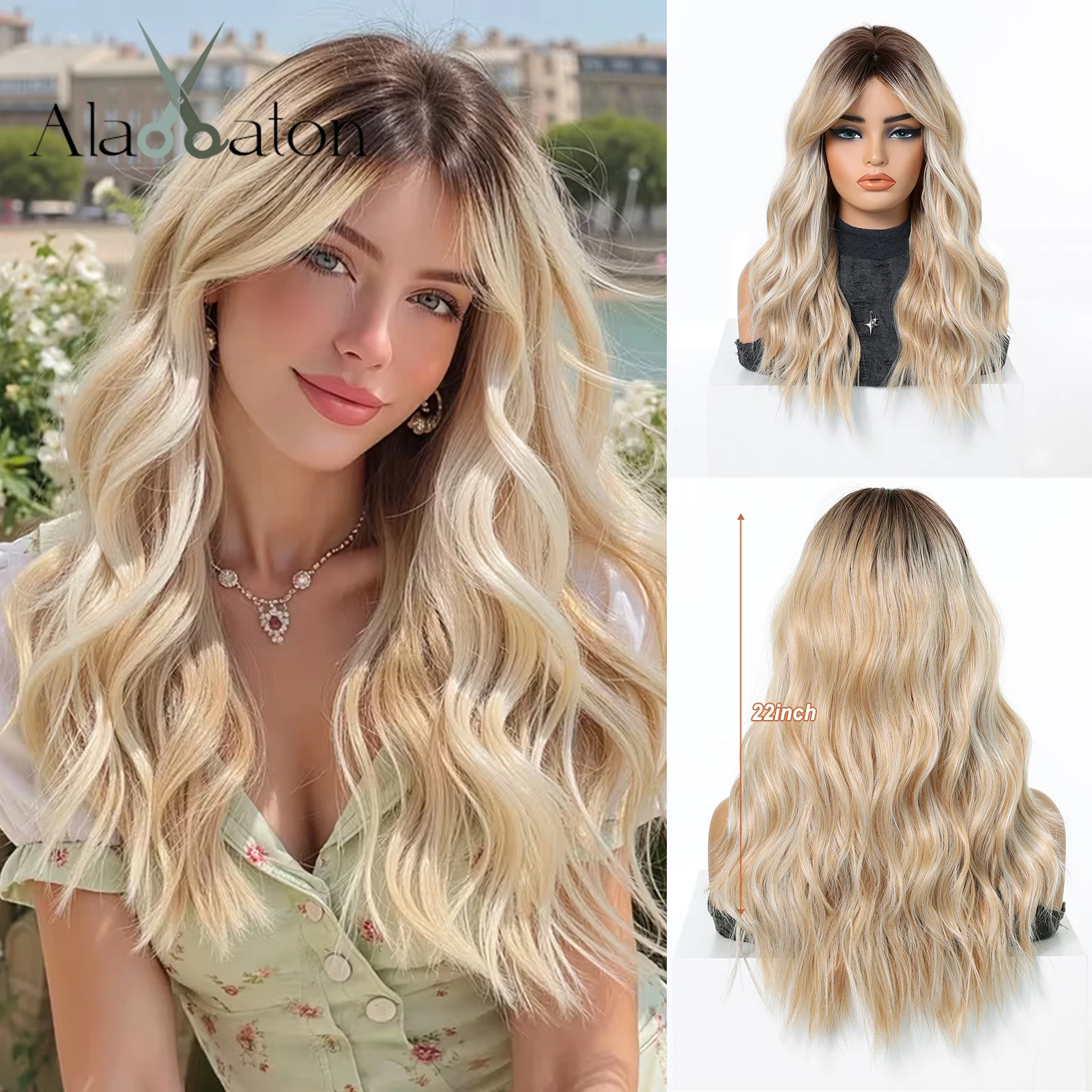 

ALAN EATON Brown Blonde Ombre Wavy Synthetic Wigs For Women Long Water Wave Wigs With Bangs Daily Use Cosplay Heat Resistant Wig