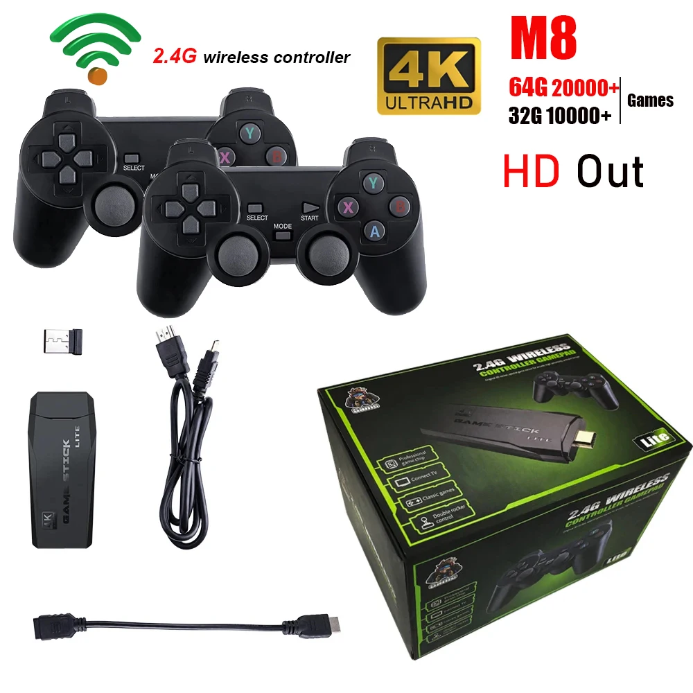 Video Game Sticks M8 Console 2.4G Dual Wireless Controller Game Stick 4K 20000 games 64GB Retro game For Dropshiopping Xmas Gift