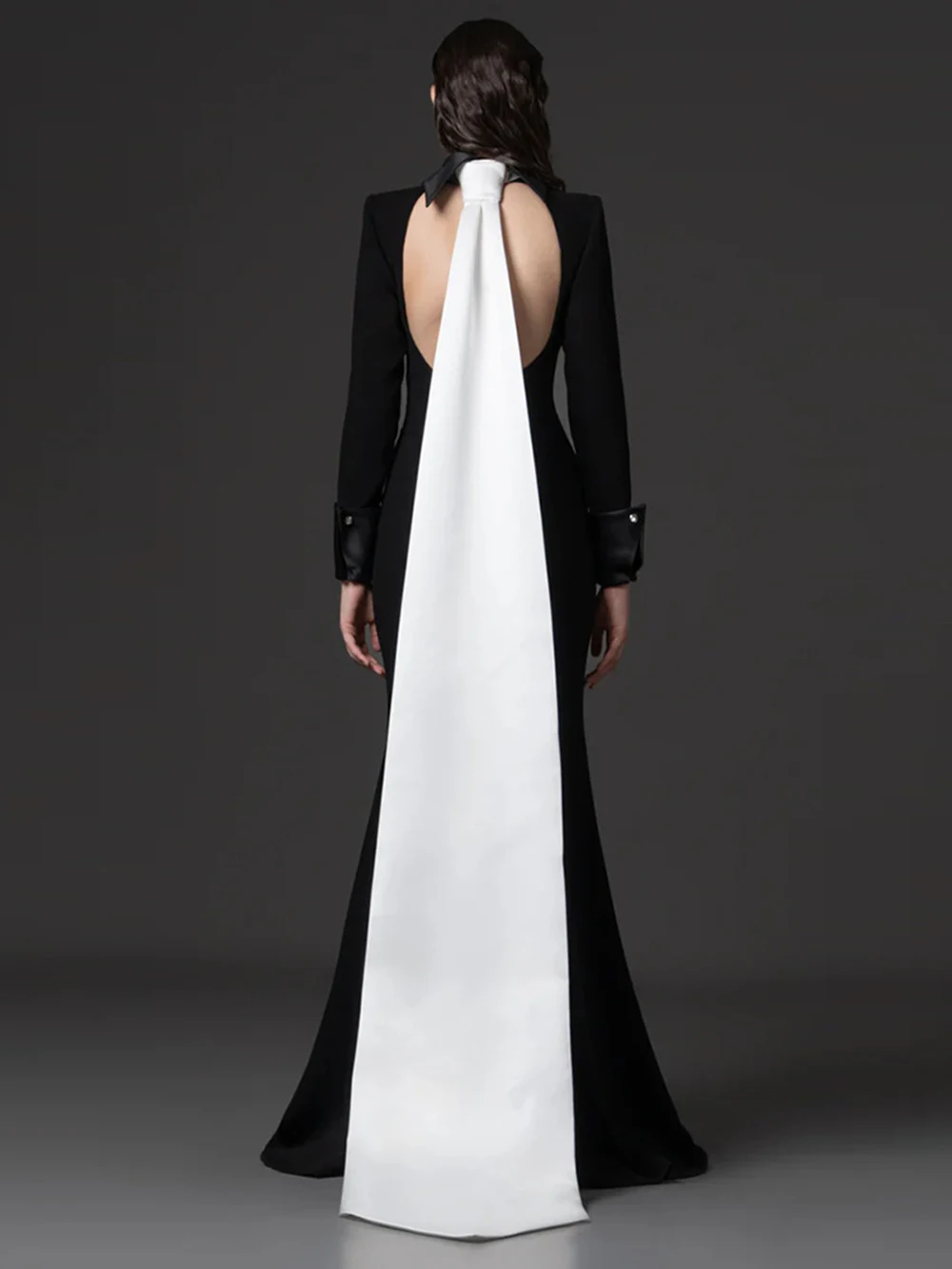 Modphy Women'S Autumn Backless Black White Contrasting Color Maxi Dress Long Sleeves Lady Elegant Gown For Formal Evening Party