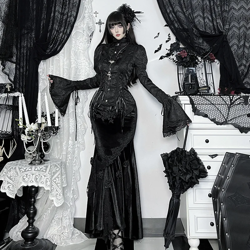 Ciemna koszulka w stylu gotyckiej lolity, damska bluzka z rozszerzanymi rękawami, golfem, wiązana, dopasowana, vintage, estetyka Y2k lat 90.