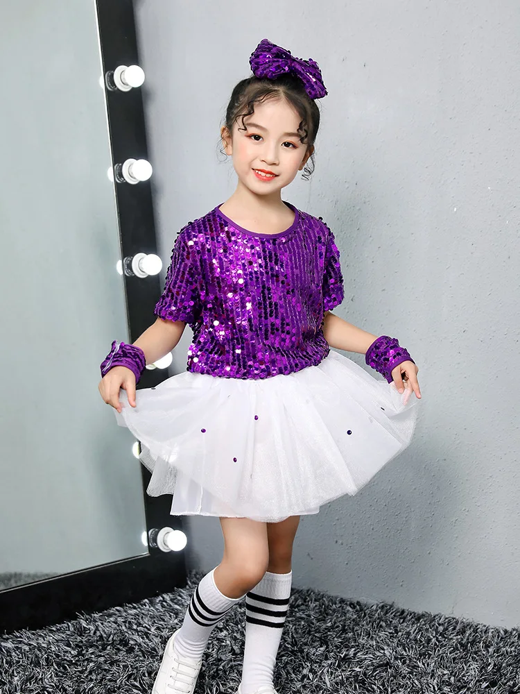 Kids Street Dance Wear Sequined Purple Hip Hop Jazz Costumes Kindergarten Boys Girls Stage Performance Suit Festival Clothing