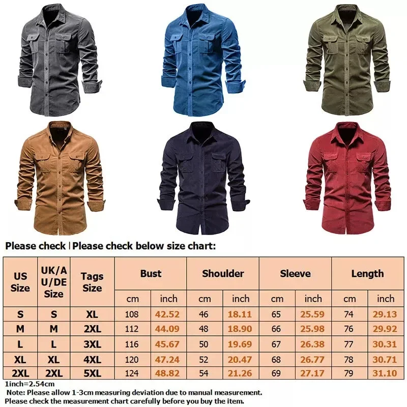 Chemise en velours côtelé rétro pour hommes, chemise à manches longues, revers boutonné, multi-poches, monochromatique, décontracté, travail, vêtements Piedmont, mode, automne