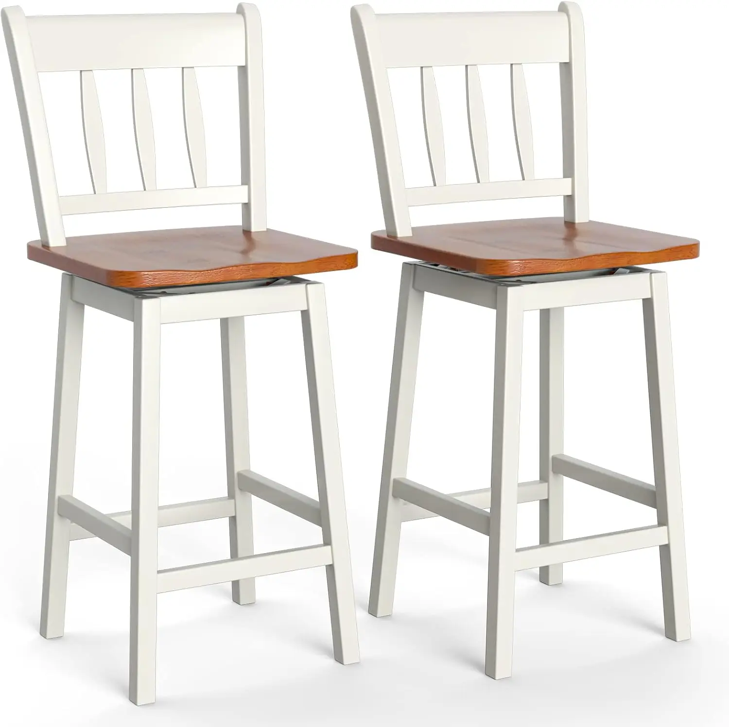 Bar Stools Set of 2, 24.5 Inch Rubber Wood Bar Chairs with 360°Swiveling, Footrest, Swivel Counter Height Barstools Ideal