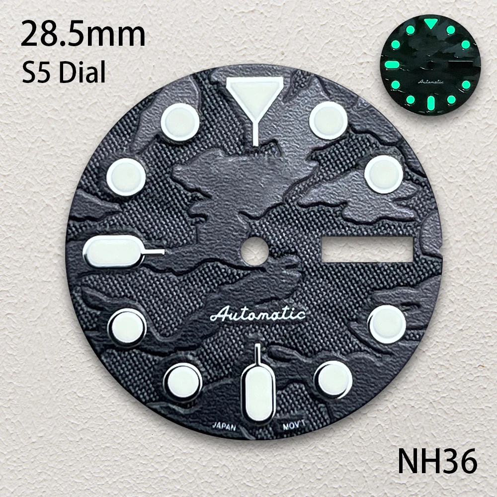 28.5 มม.S5 โลโก้ SKX007 Dial Fit NH35/NH36/4R36 การเคลื่อนไหวสีเขียว Luminous camouflage/สีสันนาฬิกาการปรับเปลี่ยนอุปกรณ์เสริม