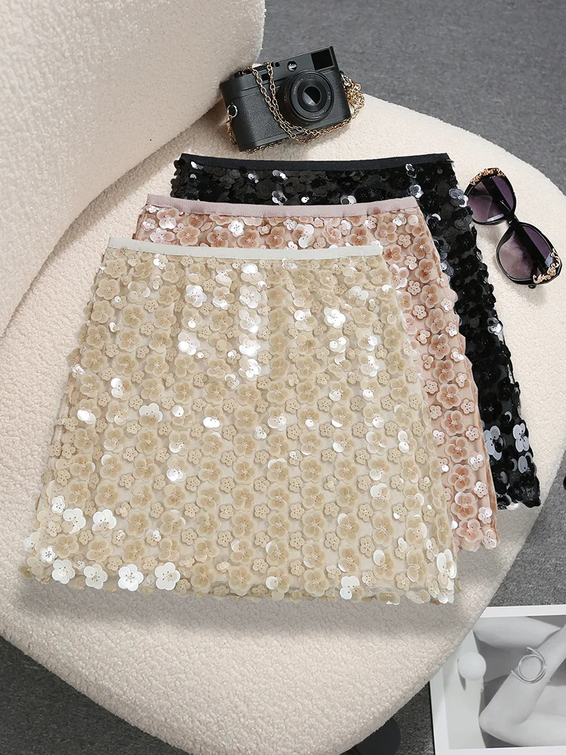 

New Fashion Casual High Waist Solid Color Slim Fit Sequins Elastic Waist Above-Knee,Mini Skirt,3 Colors