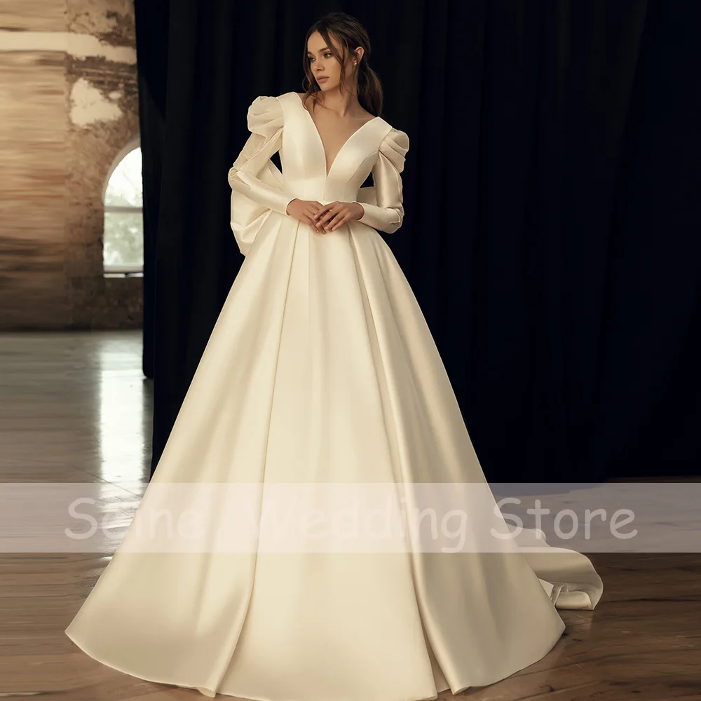 Luxus Hochzeit Kleider Elegante Satin V-ausschnitt Zurück Bogen Hochzeit Kleider 2022 Frauen Hohe Qualität Backless Langen Ärmeln Braut Kleid