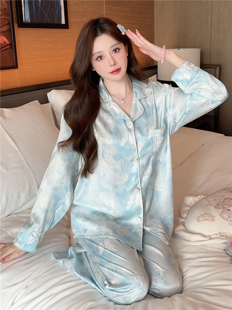 

Ice Silk Peony Spwear Set Women's Spring Summer Long Sve Thin Home Clothes Traditional Chinese Watercolor Print