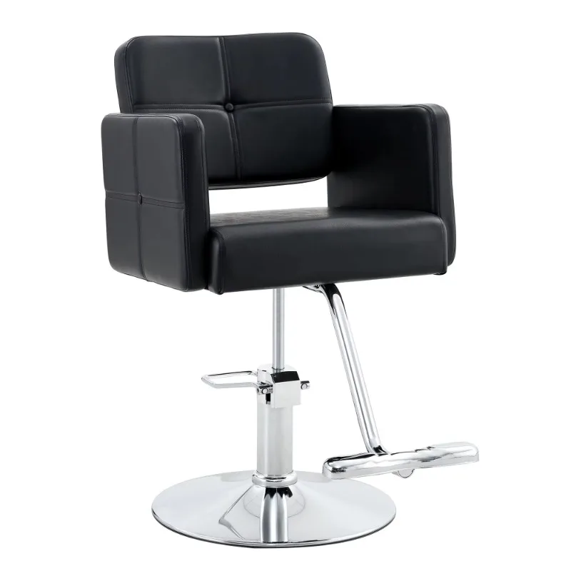 Stylish and durable modern black PU leather barber chair, silver metal support legs, adjustable swivel single chair
