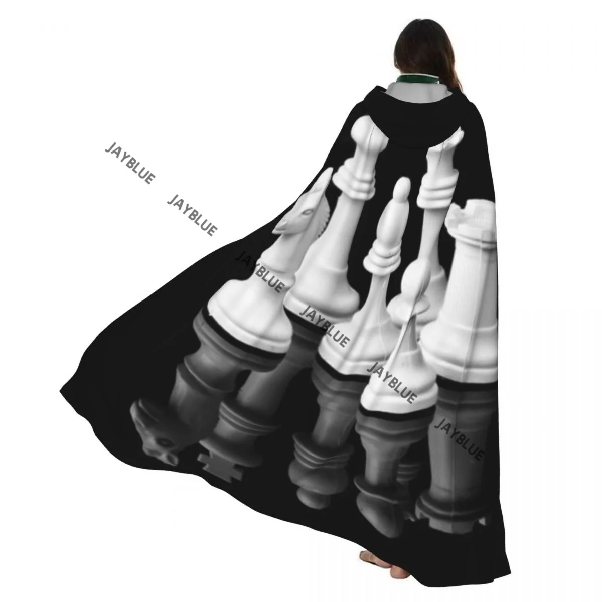 

White Chess Pieces Hooded Cloak Polyester Unisex Witch Cape Costume Accessory