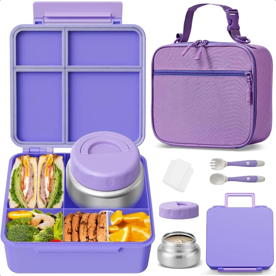 

Ланч-бокс Bento с термосом, герметичная коробка для бенто для малышей с изолированной баночкой для еды на 9 унций, сумка для обеда, посуда с 3 или 4 отделениями