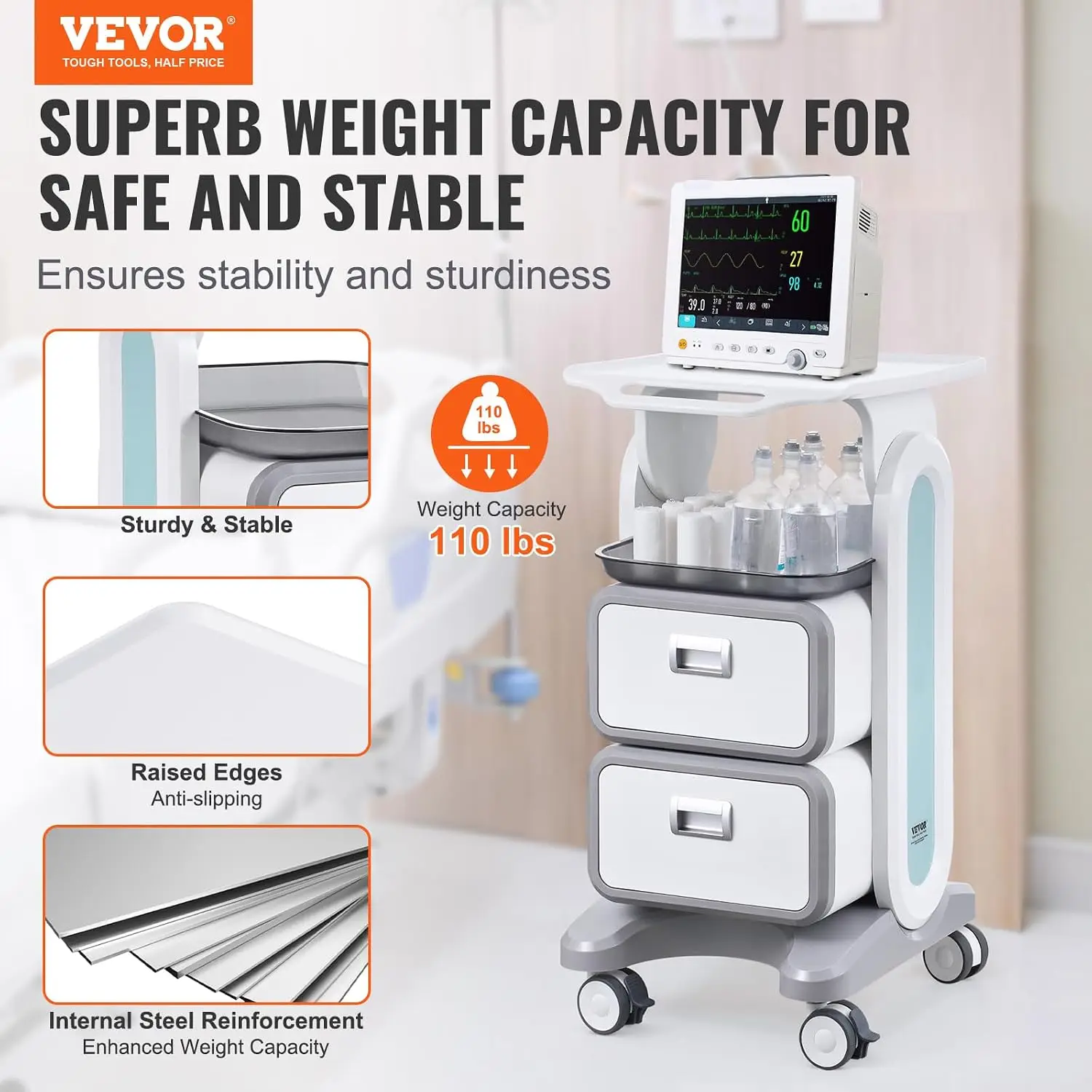 3 Tiers Lab Carts, Lab Utility Cart with 2 Drawers & 1 Top Tray, Mobile Medical Cart with ABS Material, Lab Rolling Cart with 4