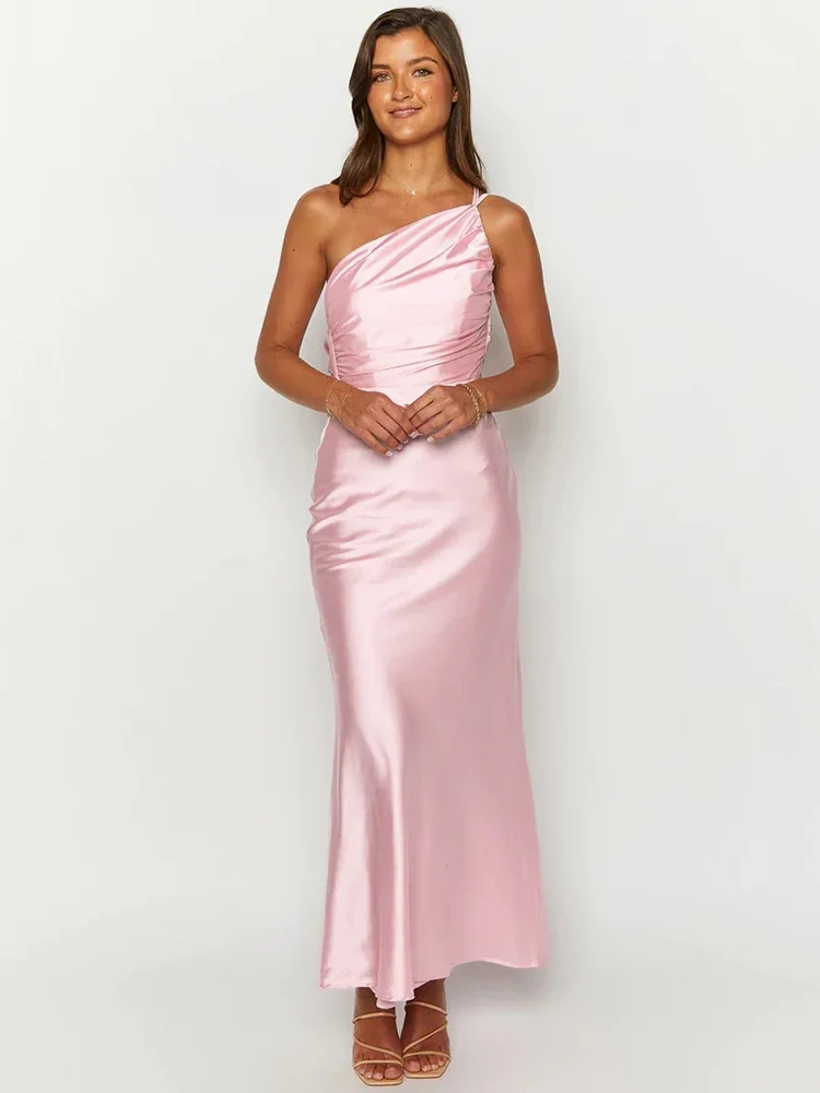 Robe Maxi en Satin pour Femme, Col Diagonal, Dos aux, Longue, Sexy, Nouvelle Collection Été