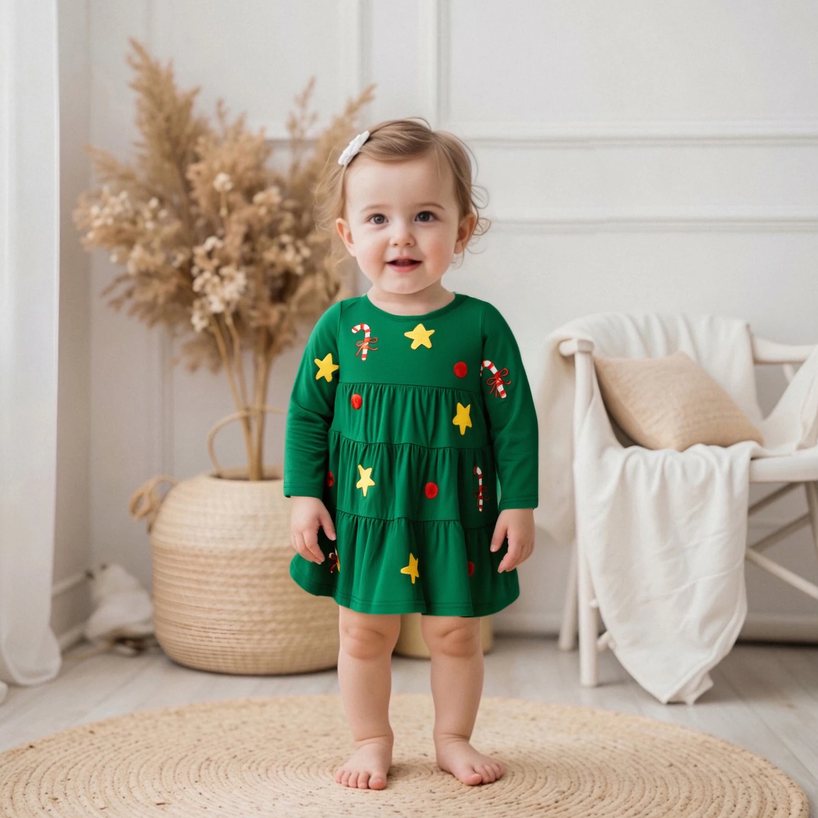 

Рождественская одежда для малышей, рождественское платье для маленьких девочек, платье трапециевидной формы с круглым вырезом и длинными рукавами в горошек