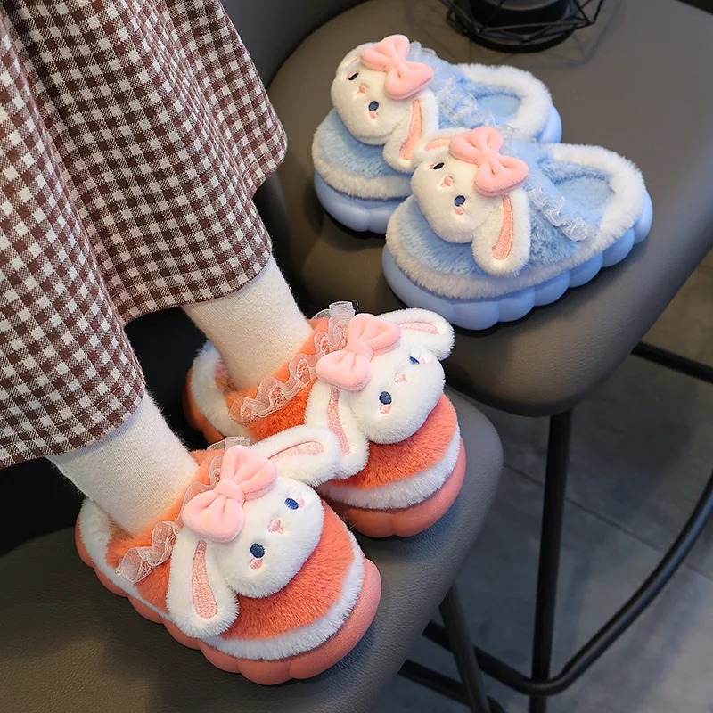 Anti-skid Winter Warm Kids Slippers Cartoon Furry Baby Girls Home Indoor Plush Shoes Soft Sole Floor Warm Cotton Slippers