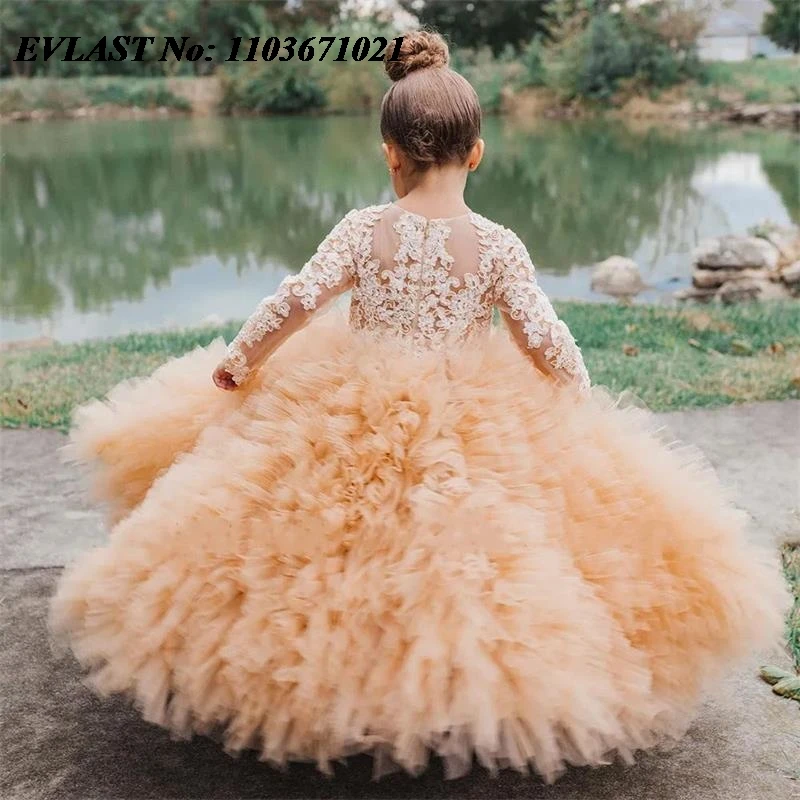 EVLAST Customized Champagne Lace Ruffles Flower Girl Dress For Weddings Beading Little Girls Pageant First Communion Gowns FD28