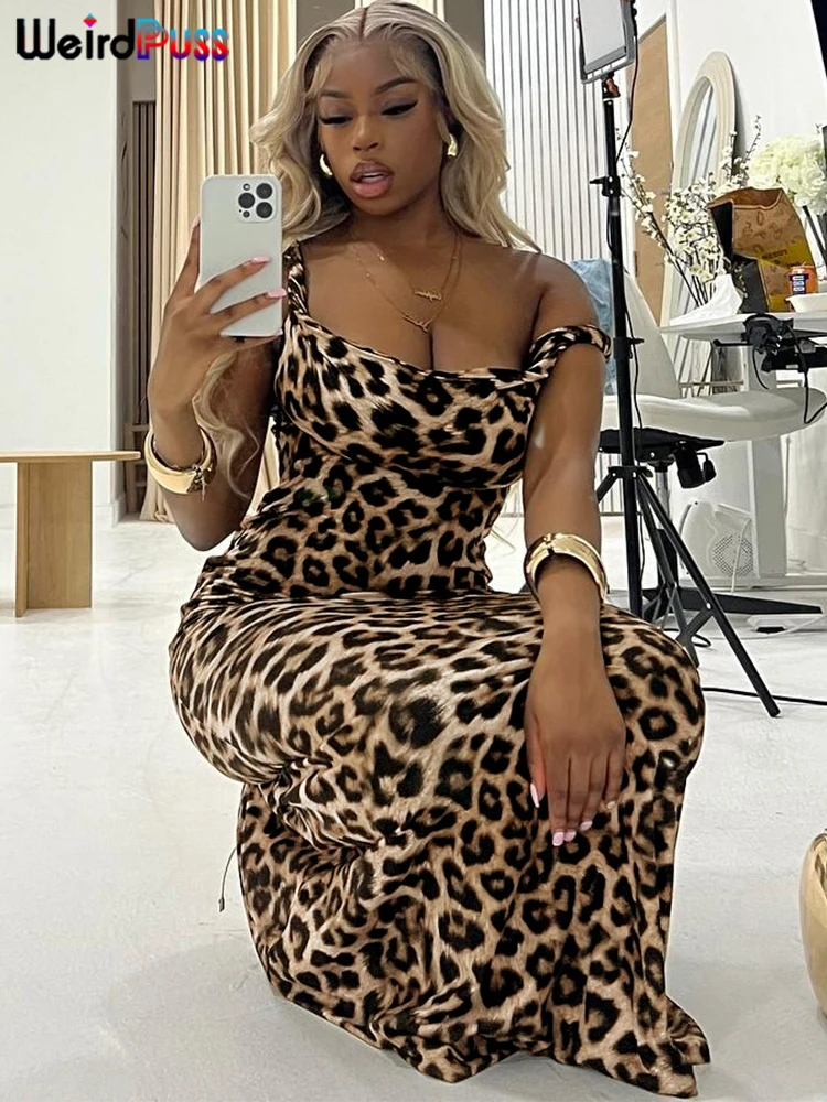 Weird Puss Leopard Print Dress Women Square Collar Sleeveless Skinny Stretch Robe Street Wild Trend Classic Long Bodycon Outfits