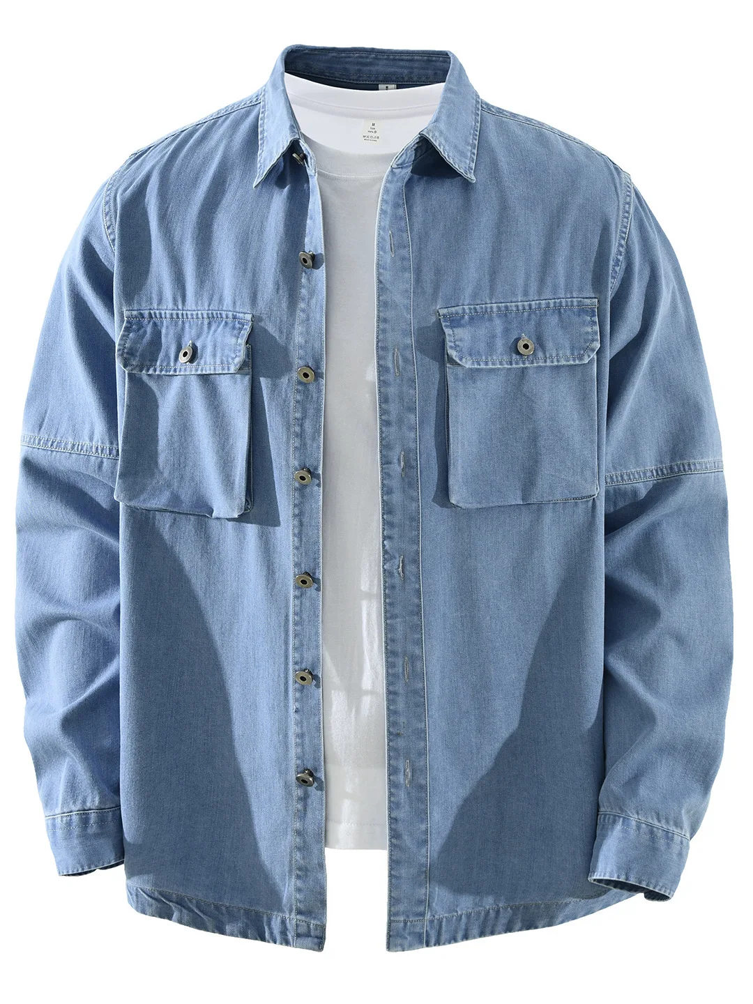 

Модная японская рабочая одежда: джинсовая рубашка свободного кроя с длинным рукавом и воротником для мужчин, повседневная, художественная, с множеством карманов, практичная, свободного кроя.