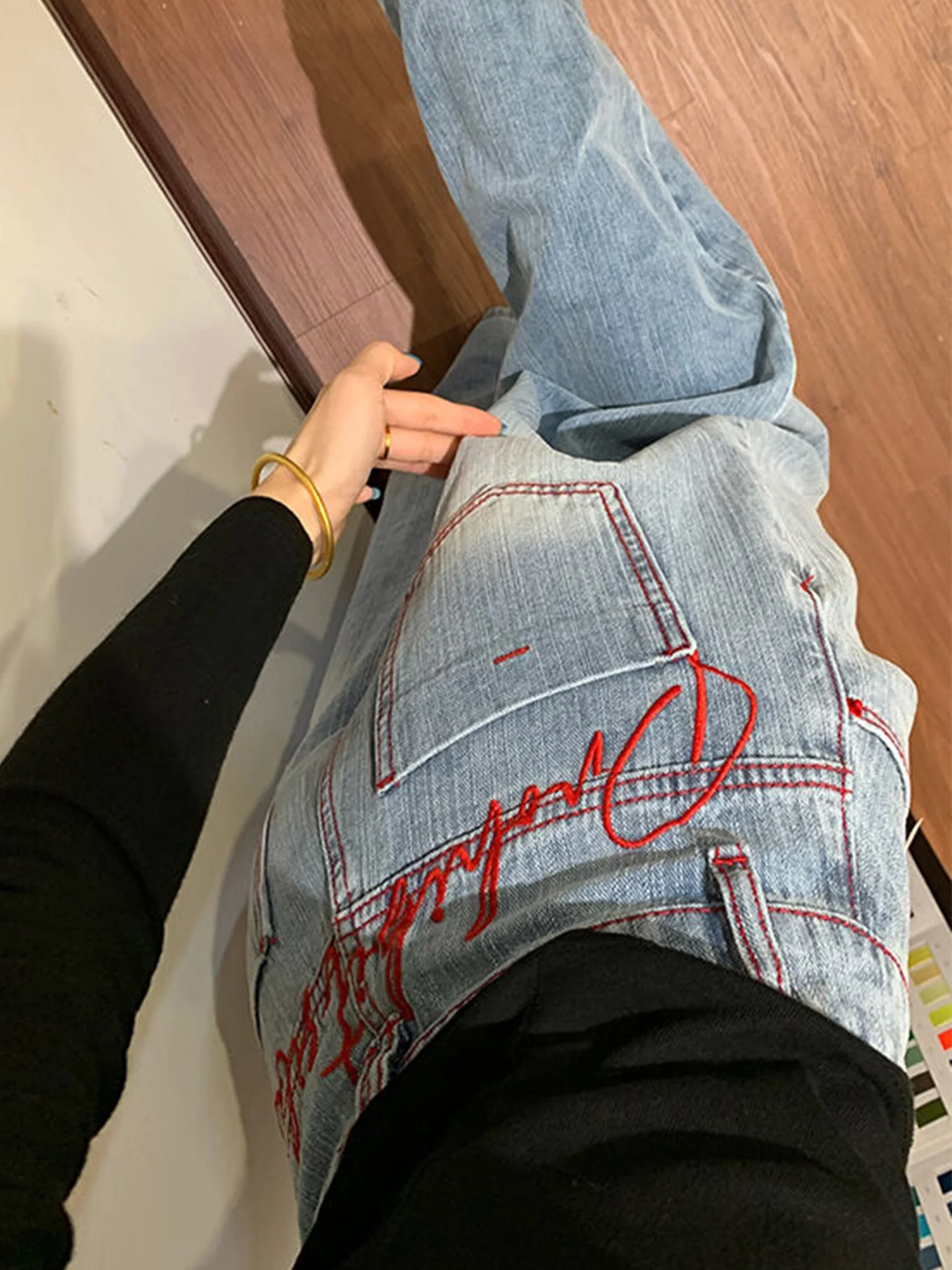 

Summer 2026 High Waist American Style Embroidered Wide Leg Jeans Women's Lazy Style Narrow Version Street Fashion Denim Pants
