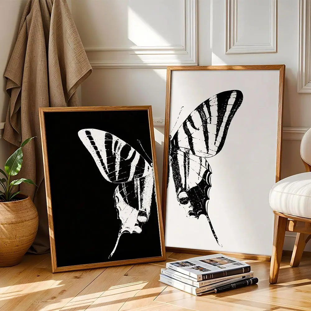 2pcs frameless Canvas Painting Two Black and White Butterfly Wall Paintings - Modern Minimalist Insect Posters - Nordic Style Li