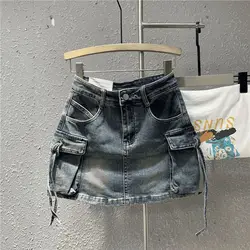 2024 neue Mode drei dimensionale Riemen Tasche waschen hohe Werkzeug Jeans rock Frauen y2k Sommer Vintage lässig Joker ein Rock