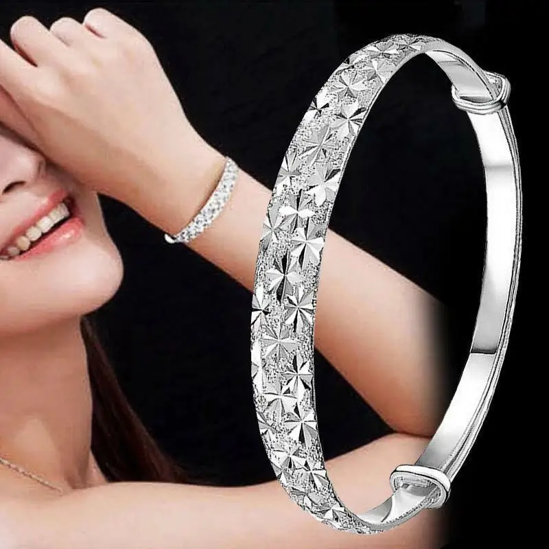 Classic Fashion Silver Color Adjustable Round Bangle Women Plated Bracelet Tibetan Carved Cuff Bangles Wedding Party Accessories