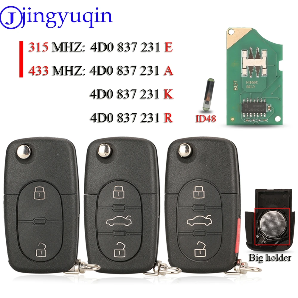 Jingyuqin 2/3/4BTN 4D0837231E / K/ A/ R Smart Remote Car Key Fob 315/433Mhz ID48 For Audi A3 A4 A6 A8 TT RS4 Quattro Old Models