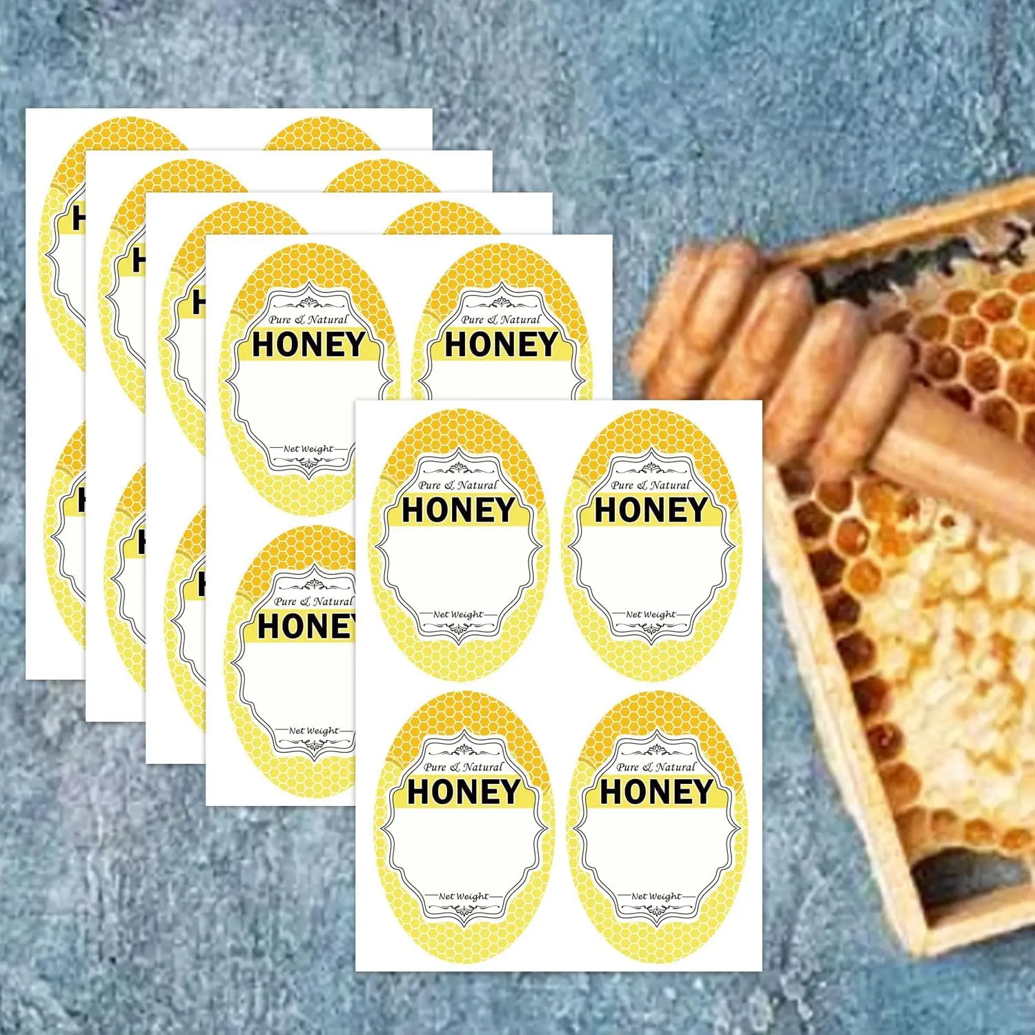 200 Pcs Oval Pure Natural Honey Jars and Bottles 2 x 3 Inch Honey Bee Bottling Label- Farm Kitchen Name Home Business Round