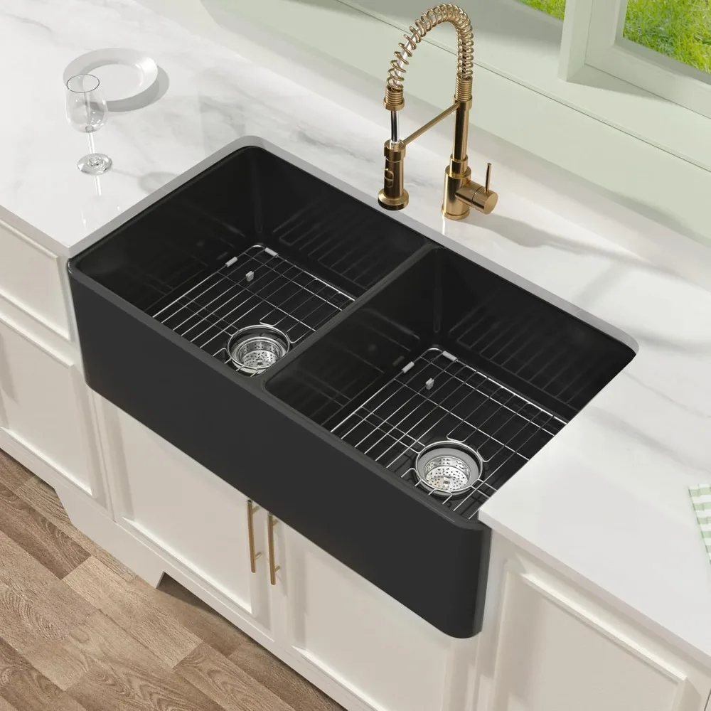 Black Farmhouse Sink 33 Inch X 18 Inch 50/50 Double Bowl Farmhouse Sink Black Apron Sink Undermount Reversible