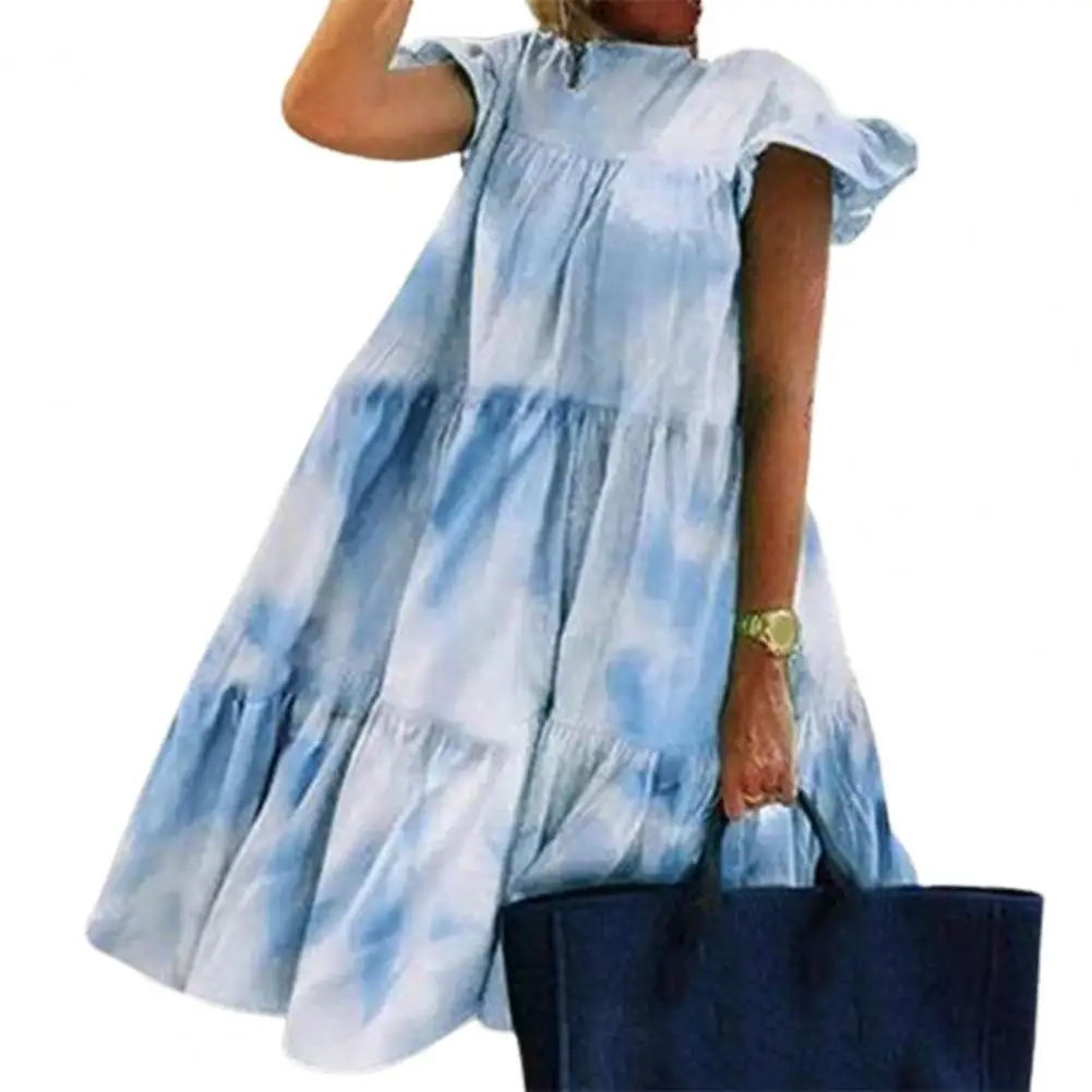 Vintage Dress Women O-Neck Flying Short Sleeve Mini Dress Sweet Floral Print Large Hem Summer Dress Party
