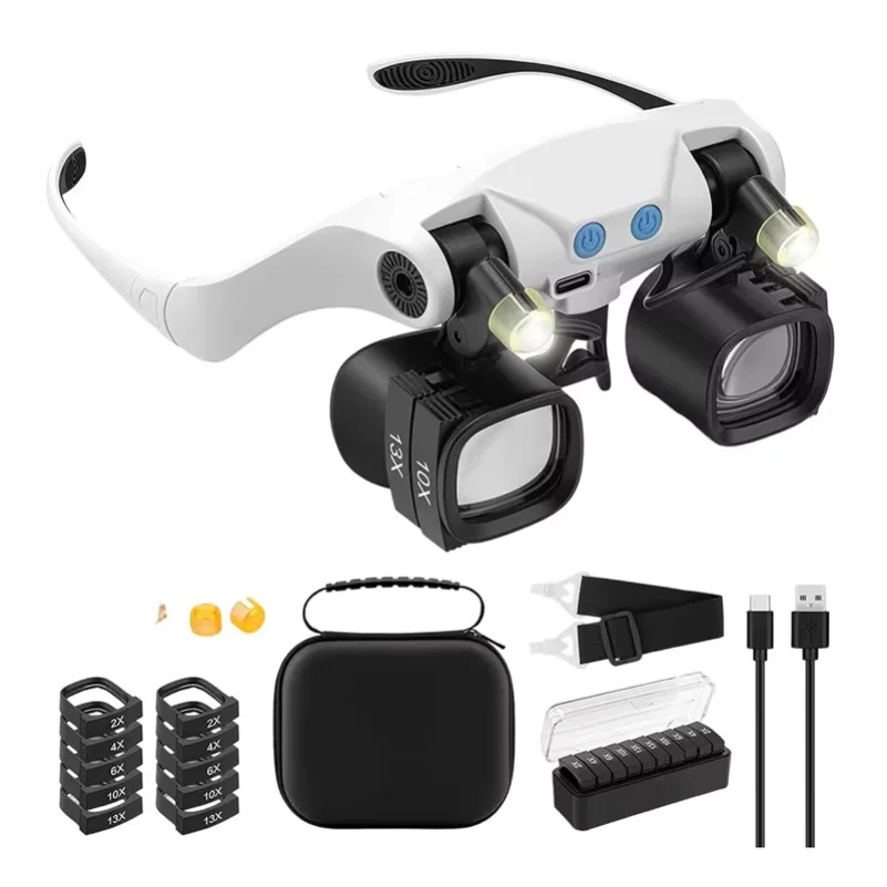 ABUP-Jewelers Magnifying Glass For Close Work, Glasses With Light& 5 Interchangeable Lens Pairs(2X 4X 6X 10X 13X), Includes Head