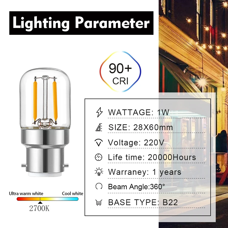 T28 Tubular Led Bulb B22 Bayonet Base 1 Watt Edison Mini Tube Bulb Clear Glass Warm White 2700K Dimmable Led Filament Light Bulb