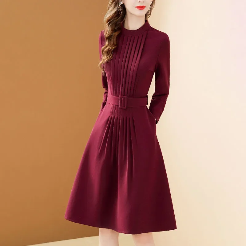 Damen Stehkragen Plissiertes A-Linien-Kleid Herbst Taillengürtel Schlankes Elegantes Vintage Midi-Partykleid