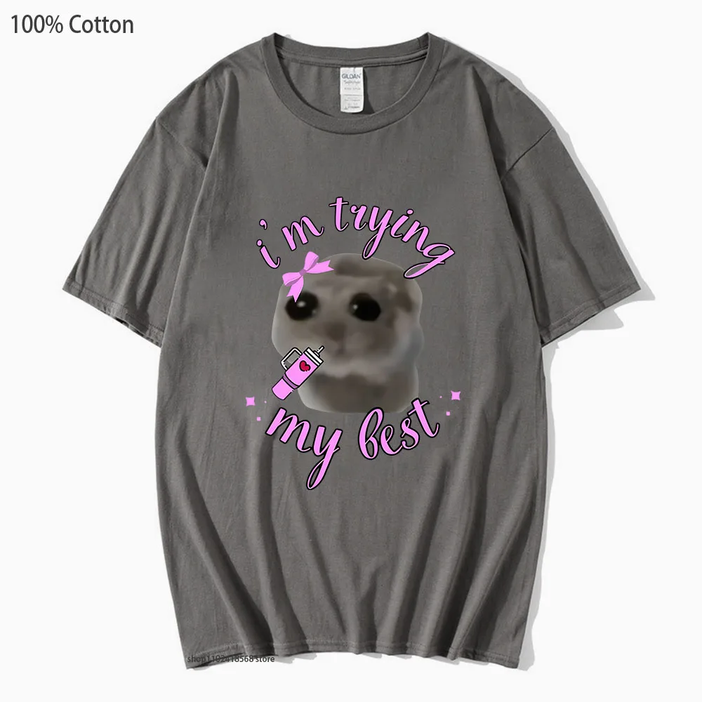 Kawaii Cute Sad Hamster T-Shirts I'm Trying My Best Tshirts High Street Tee 100% Cotton Women Clothing Mens Unisex Tee Y2k Top