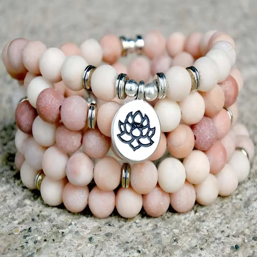 

8mm Natural Rhodonite 108 Beads Lotus Pendant Necklace Bracelet Spiritual Prayer zazen Chaplet Nirvana Bohemian Mala Bead Bodhi
