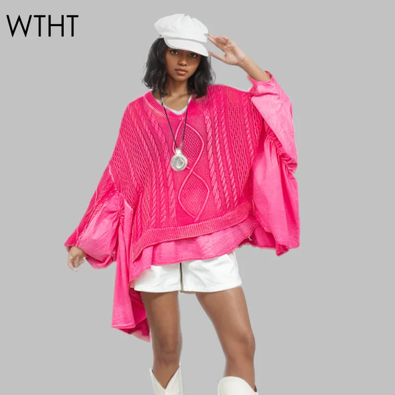 

WTHT Fashion Women's Ruffled Edge Knitted Sweater 2024 Autumn Trendy O-neck Long Sleeves Loose Pullovers Female 1LS185