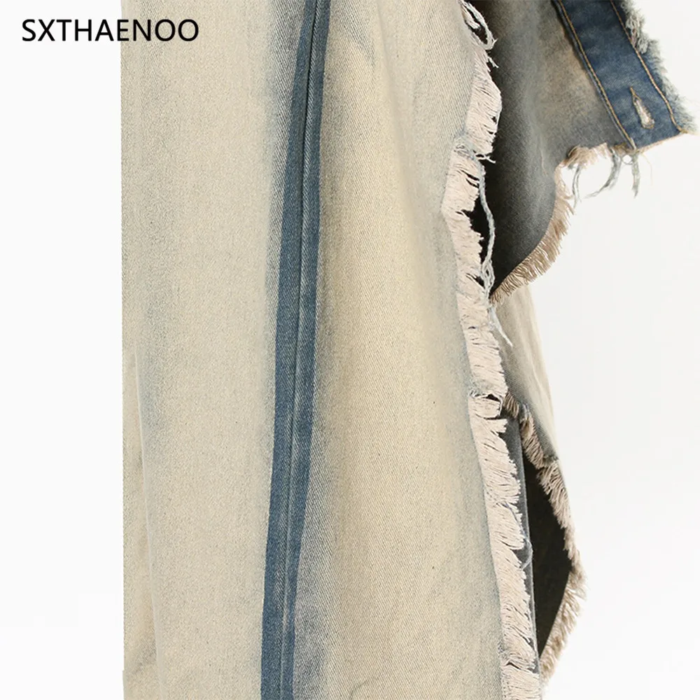 Sxthaenoo azul bainha irregular vintage denim rebarba casual meio corpo saia de cintura alta moda feminina maré nova primavera outono 2025