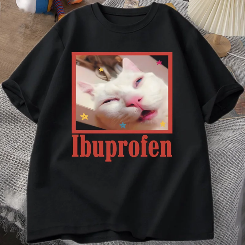 Ibuprofen Cat Meme Tshirt Funny Cat Graphic Tee Cute Cat Lover Cotton T-Shirt Casual Funny T Shirts Unisex Oversized Tshirt Tee