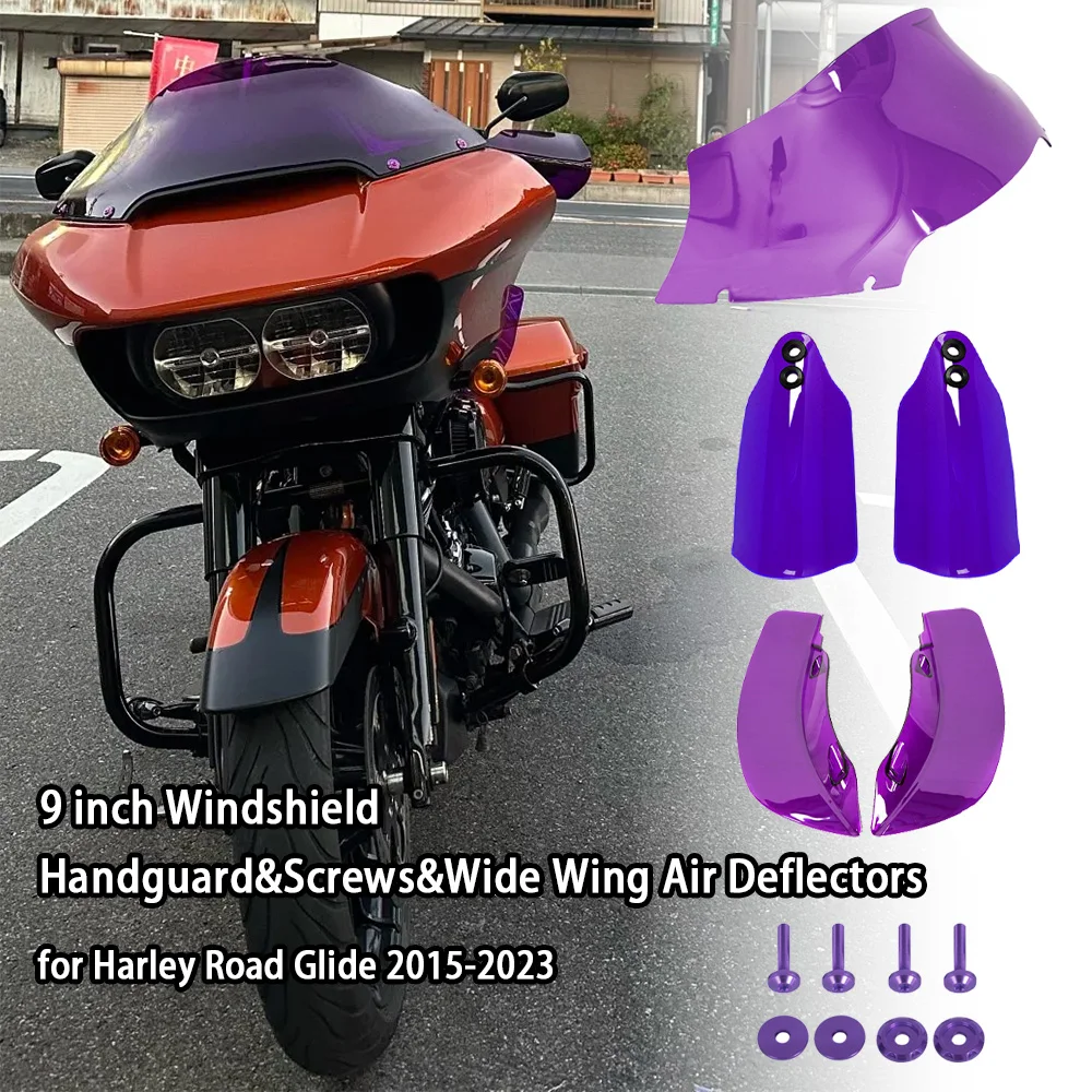 Motorcycle 9 inch Orange Windshield Windscreen&Hand-guard&Screws&Wide Wing Air Deflectors For Harley Road Glide FLTRX 2015-2023