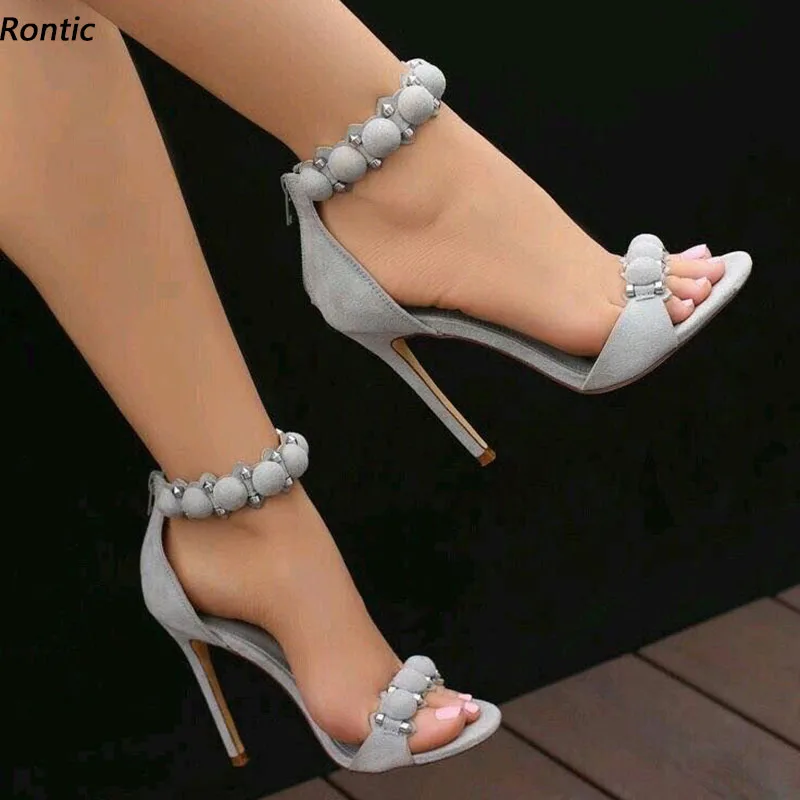 

Rontic Handmade Women Ankle Strap Sandals Faux Sued Beads Sexy Stiletto Heels Open Toe Pretty Grey Casual Shoes US Size 5-20