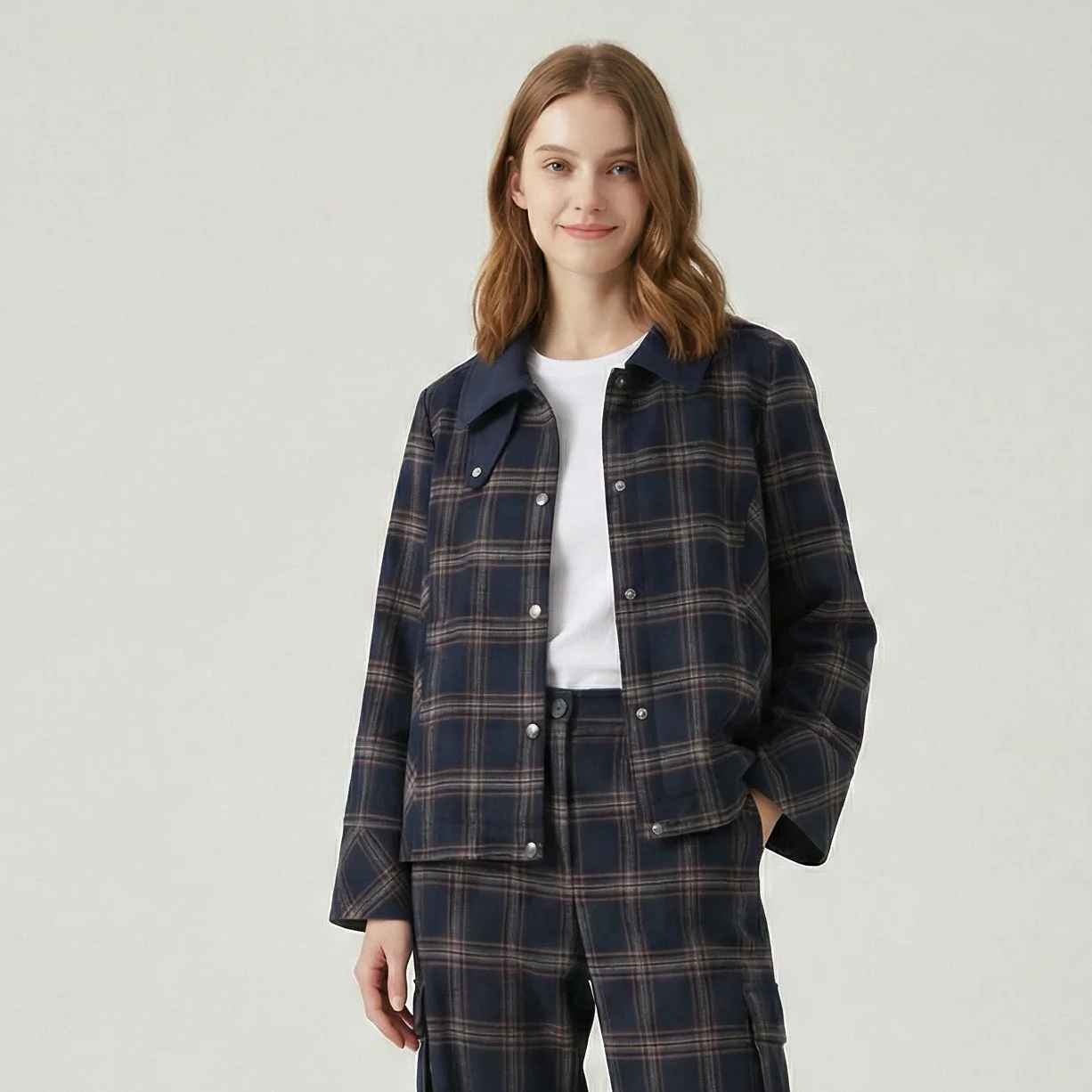 Damen Karo-Jacke mit Kapuze Frühling Herbst Umlegekragen Knopfleiste Damenjacken Vintage Damenmäntel Damen-Oberbekleidung