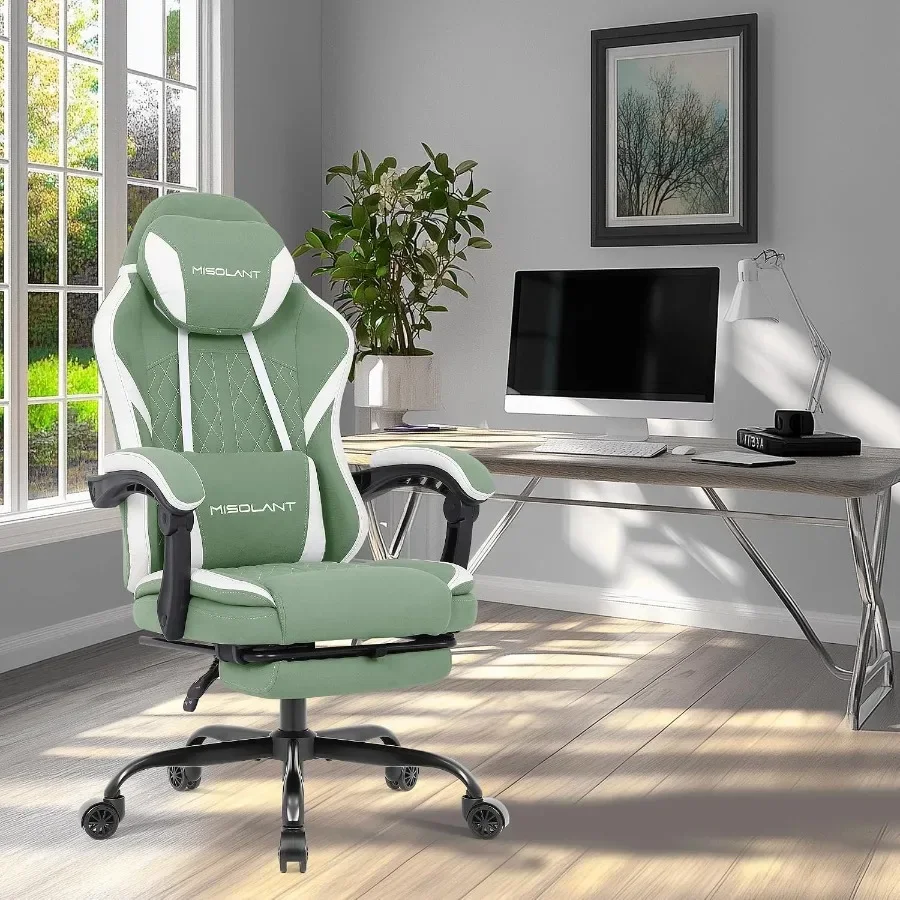 Gaming Chair for Adults, Fabric High Back Ergonomic Computer Game Chair in Green with Footrest, Adjustable Headrest, Massage Lu,Local Shipping